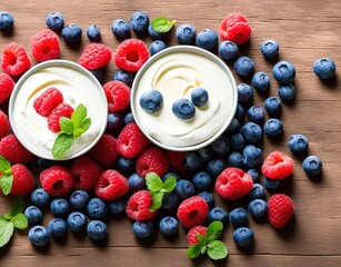 yogurt with fresh blueberries and mint on a blue background. top view.