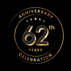 62th Anniversary. Anniversary logo design with gold color ring and text for anniversary celebration events. Logo Vector Template