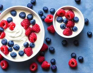 yogurt with fresh blueberries and mint on a blue background. top view.