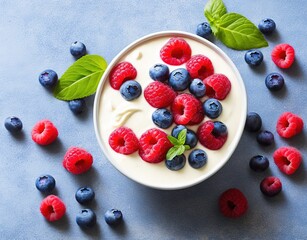 yogurt with fresh blueberries and mint on a blue background. top view.