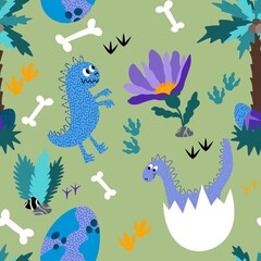 Cartoon animals seamless dinosaur monsters dragon eggs pattern for wrapping paper and kids clothes print