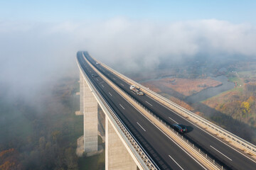 Aerial view about the famous Viaduct of Koroshegy covered by fog, near lake Balaton.