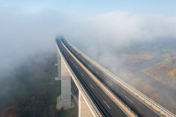 Aerial view about the famous Viaduct of Koroshegy covered by fog, near lake Balaton.