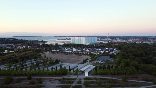 dockyard building. Spectacular aerial view flight drone Wismar buga Area