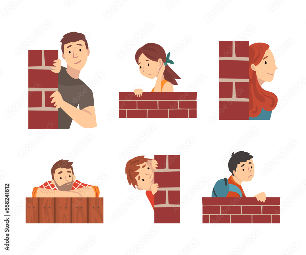 Sticker Curious people peeking from behind brick wall set cartoon vector illustration