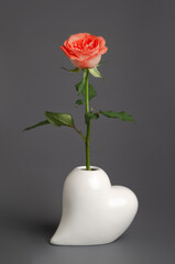 A beautiful single rose in a heart-shaped vase on a beautiful background for congratulating women...