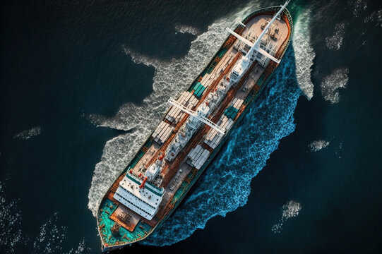 Aerial view of cargo maritime ship in the ocean. Generative AI.