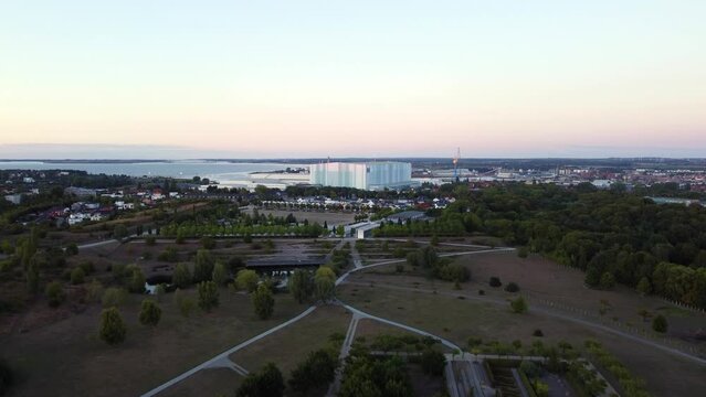 shipyard building. Buttery soft aerial view flight drone Wismar buga Area