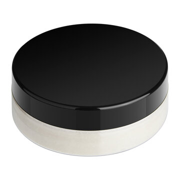 Round glass and plastic transparent packaging mockup with black, glossy lid, filled with white cream or powder product on isolated background. 