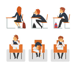 Fototapeta na wymiar Bored school pupils sitting at desks at lesson. Side and front view of teenage student in uniform cartoon vector illustration