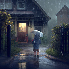 A young child with an umbrella walking in the rain outside a quaint town neighborhood. Generative AI illustration
