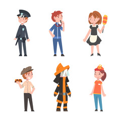 Set of people different professions. Policeman, coach, maid, taxi driver, firefighter, salesman cartoon vector illustration