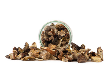 Dried mushrooms with jar, isolated on white background