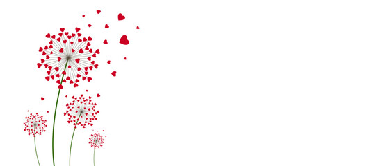 Dandelion with hearts. Happy Valentine's day greeting card. Lovely romance flower. Congratulation with Love. Valentine's day Vector illustration background.