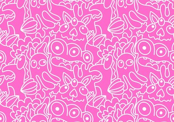 Cartoon doodle monsters seamless aliens and animals pattern for wrapping paper and fabrics and kids clothes