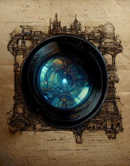  A blueprint painting of a medium format camera illustration created with Generative AI technology