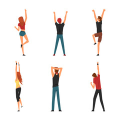 Back view of people dancing at open air concert, rock fest, outdoor music festival set cartoon vector illustration