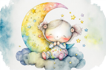 Happy Little Girl  with Cresent Moon Watercolor Generative AI