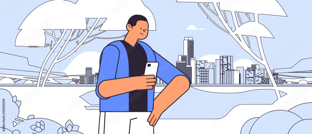 Poster man using smartphone while walking in urban park social media communication digital addiction concep