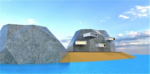 Fototapeta na wymiar The concept of an observation post for the enemy fleet on an artificial island disguised as a granite rock. 3d rendering.