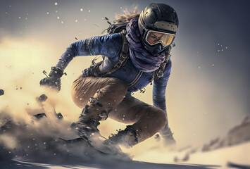 Fototapeta na wymiar Illustration Winter Sport, Snowboard and Skii, Female Snowboarder, Generative AI