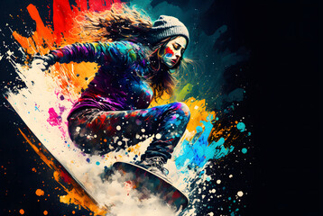 Illustration Winter Sport, Snowboard and Skii, Female Snowboarder, NO real person, only illustration, Generative AI