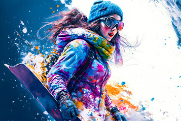 Obraz premium Illustration Winter Sport, Snowboard and Skii, Female Snowboarder, Generative AI