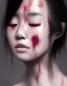 Asian Girl With Bloody Marks On Her Face. Conceptual Oil Paint Portrait About The Problem Of Domestic Violence. Generative AI