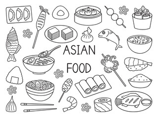 Asian food doodle set. Asian cuisine in sketch style. Hand drawn vector illustration isolated on white background
