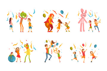 Actors in funny costumes entertaining kids at birthday party set. Happy children having fun with clown, bunny, comedians at carnival show cartoon vector illustration