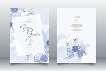  Elegant wedding invitation card with beautiful navy blue  floral and leaves template Premium Vector