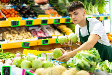 Portrait of a hardworking guy seller working in a vegetable store near the counter