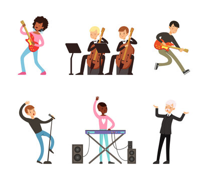 Children playing musical instruments and singing. Musicians playing classic and rock music cartoon vector illustration