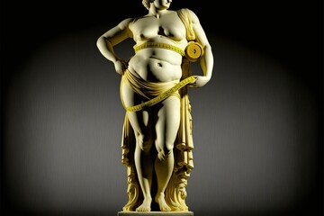 Antique statue measuring waist circumference with yellow flexible plastic ruler, concept of Body Positivity, created with Generative AI technology