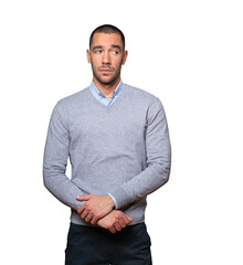 Hesitant young man looking gesture