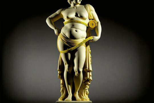 Antique statue measuring waist circumference with yellow flexible plastic ruler, concept of Body Positivity, created with Generative AI technology