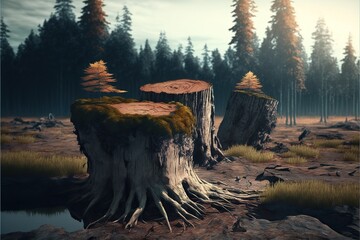 Lot of stumps instead of a forest landscape, concept of destroying forest, nature,  created with Generative AI technology