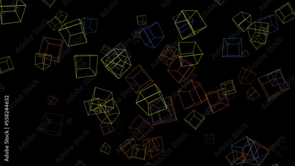 Poster rotating multicolored contour cubes looping up on black background. geometric shapes. abstract festi