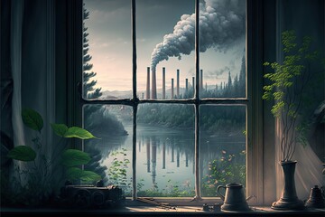 Through the open window you can see a beautiful landscape with factory on it, created with Generative AI technology