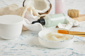 skin care, natural cosmetics concept, coconut oil and face mask, skin peeling, moisturizing