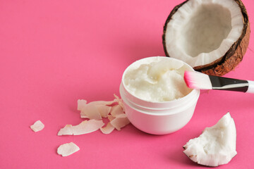 skin care, natural cosmetics concept, coconut oil and face mask, skin peeling, moisturizing