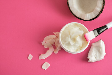 skin care, natural cosmetics concept, coconut oil and face mask, skin peeling, moisturizing