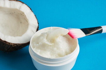 skin care, natural cosmetics concept, coconut oil and face mask, skin peeling, moisturizing