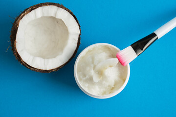 skin care, natural cosmetics concept, coconut oil and face mask, skin peeling, moisturizing