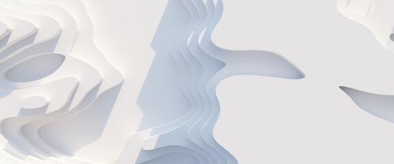 Top view of simple empty white podium stage background. Futuristic technology design. Abstract parametric interior. Blank opened 3D illustration mock-up. White building pale geometric pattern.