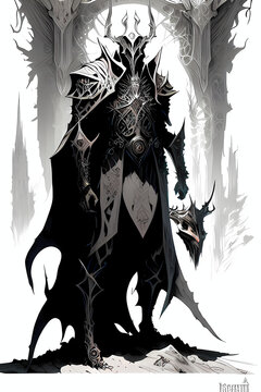 A fantasy board game card/colouring book page: Sauron, lord of Mordor. A dark knight. AI-generated	
