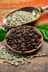 Green and roasted coffee beans from South America coffee producing region, from Colombia and Brazil with mountain ranges and climate ideal for coffee growing
