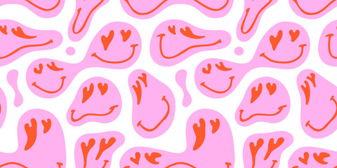 Funny melting happy face in love colorful cartoon seamless pattern. Retro psychedelic pink smile icon background texture for valentine's day or romantic concept. Trendy character doodle wallpaper. - obrazy, fototapety, plakaty