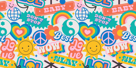 Vintage cartoon sticker label seamless pattern. Retro 90s smiley icon tag background texture. Trendy funny quote sign wallpaper print.