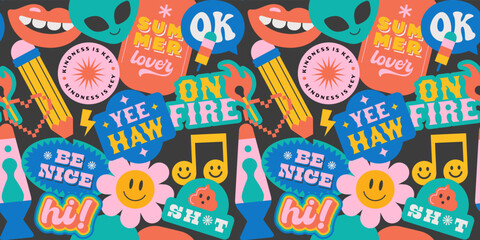 Vintage cartoon sticker label seamless pattern. Retro 90s smiley icon tag background texture. Trendy funny quote sign wallpaper print.